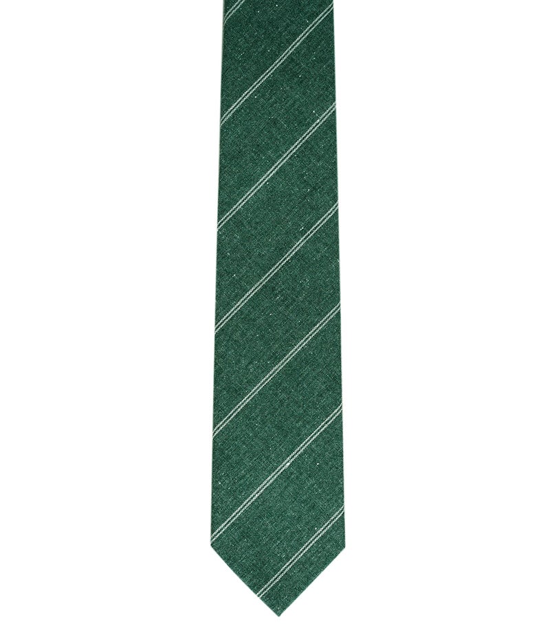 BELLUNO 2.5 inch Skinny Tie for Men, Cotton Linen Slim Neckties Green Stripe - Image 3